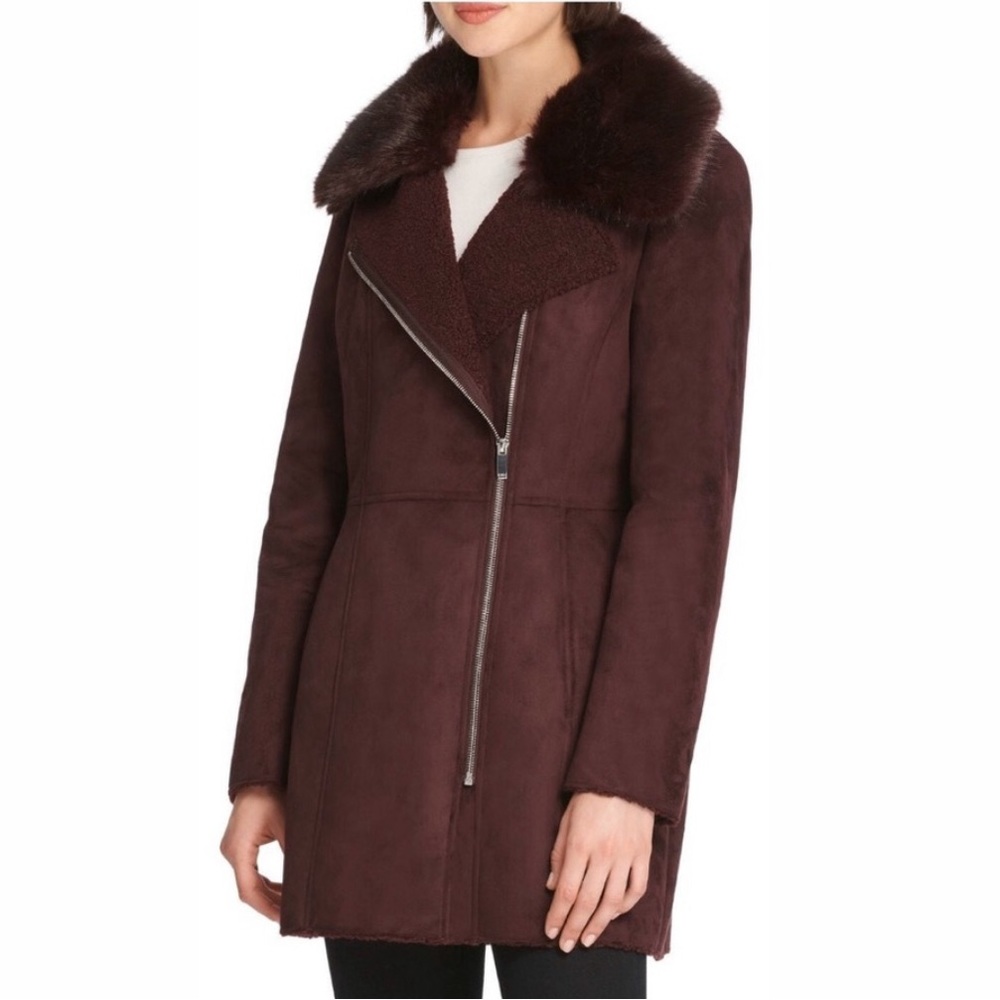 Donna Karan Faux Fur Accented Faux
Suede Coat